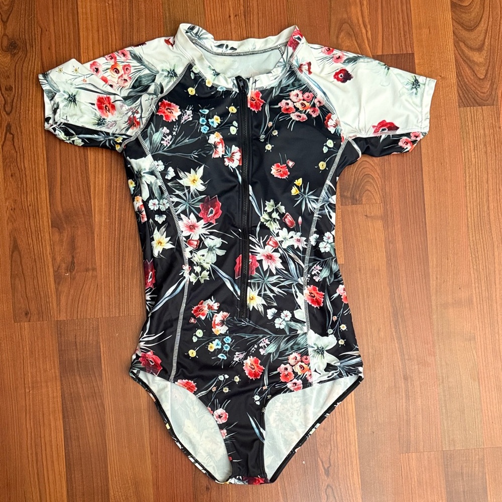 Floral Women's Swim One Piece with sleeves and zipper modest swimsuit